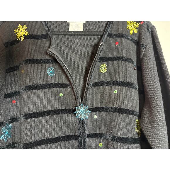 Quacker Factory Large Zip Front Beaded Snowman Cardigan Sweater - Picture 3 of 6
